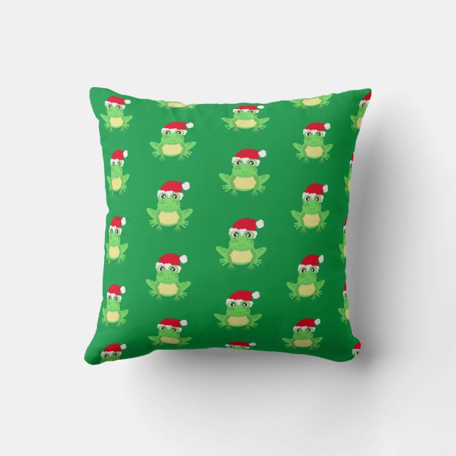Green Frog Santa Hat Cartoon Pattern Novelty Funny Throw Pillow (Back)