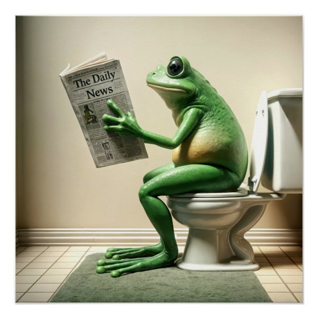 Green Frog Sitting On a Toilet Poster (Front)