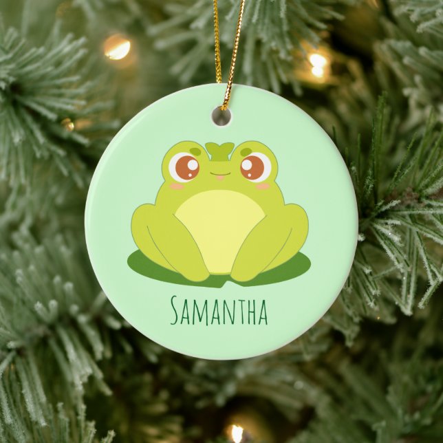 Green Frog Sitting On Leaf Ceramic Ornament (Tree)