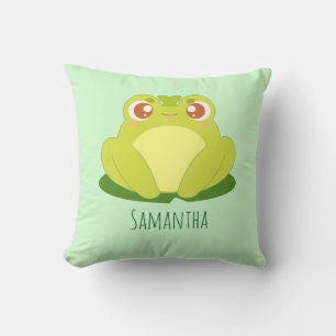 Green Frog Sitting On Leaf Throw Pillow