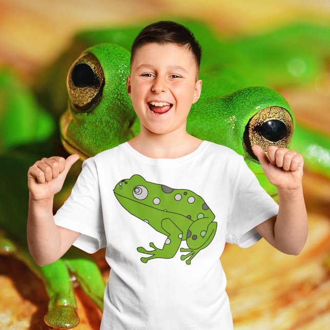 Green Frog T-Shirt (Kid smiling and posing in Green frog tshirt)