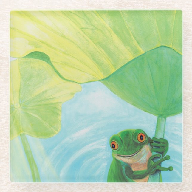 Green Frog under Lily Pad  Glass Coaster (Front)