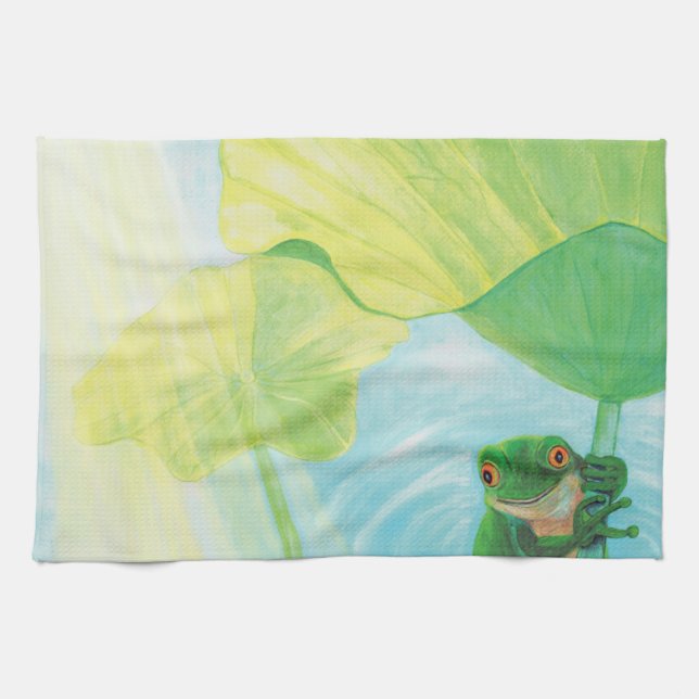 Green Frog under Lily Pad  Kitchen Towel (Horizontal)