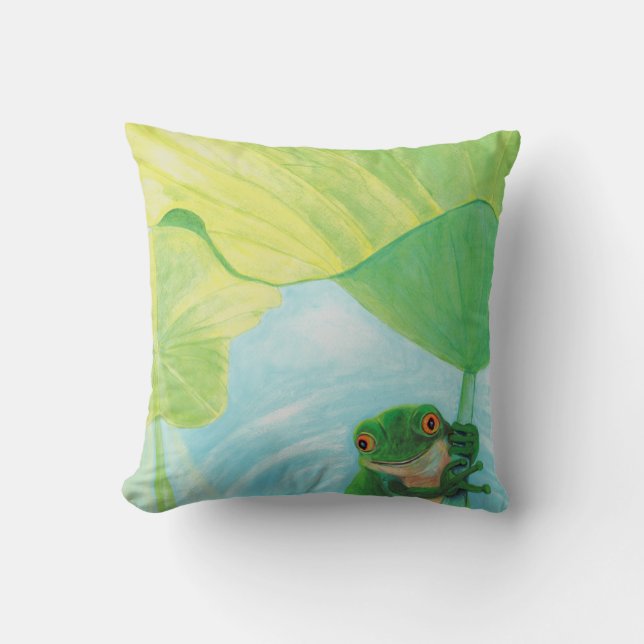 Green Frog under Lily Pad   Throw Pillow (Front)