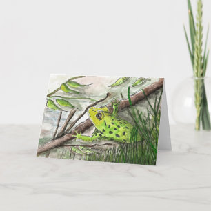 Green Frog, Watercolor Folk Art, Painting Print Card