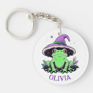 Green Frog Wearing Purple Witch Hat Keychain