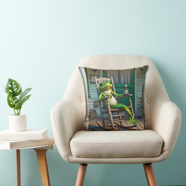 Green Frog With a Beer Bottle Throw Pillow (Chair)