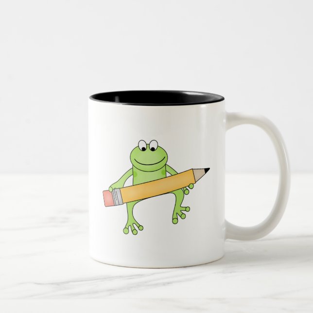 Green Frog with Pencil Tshirts and Gifts Two-Tone Coffee Mug (Right)