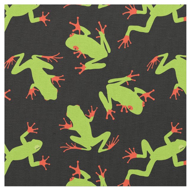 Green Frogs on Black Patterned Fabric (Close Up)