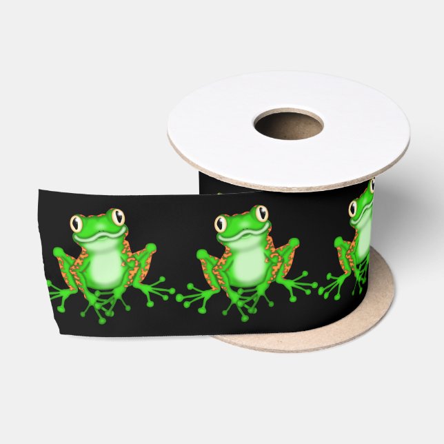 Green Frogs on Black Satin Ribbon (Spool)
