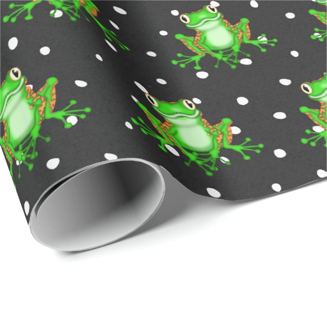 Green Frogs On Polka Dots Wrapping Paper (Roll Corner)
