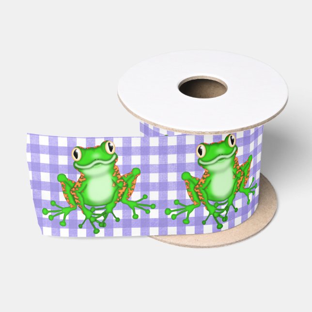Green Frogs on Purple Gingham Satin Ribbon (Spool)