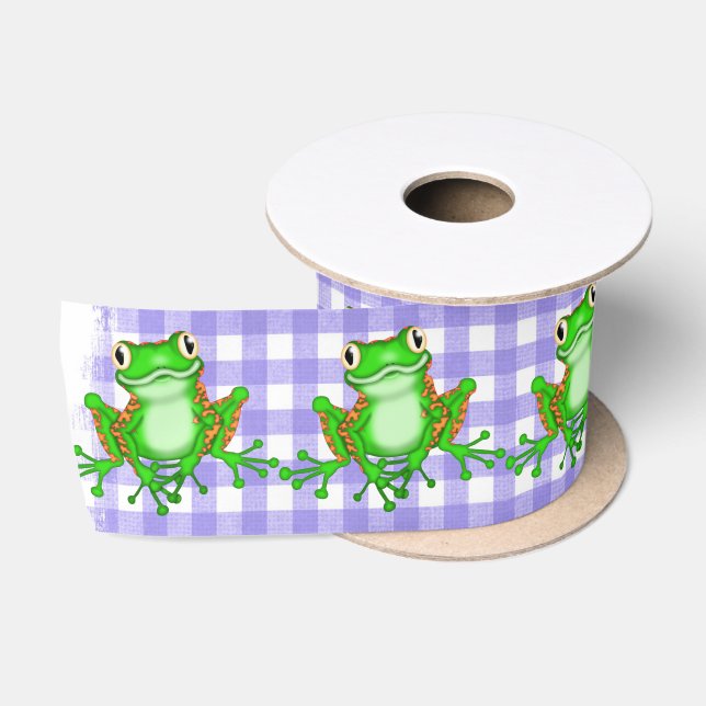 Green Frogs on Purple Gingham Satin Ribbon (Spool)