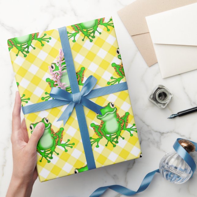 Green Frogs on Yellow Gingham  Wrapping Paper (Gifting)