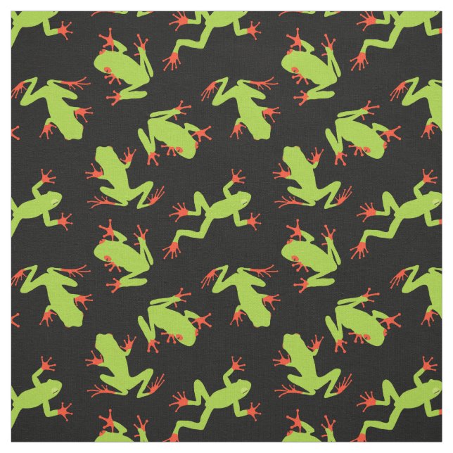 Green Frogs Pattern on Black Fabric (Swatch)