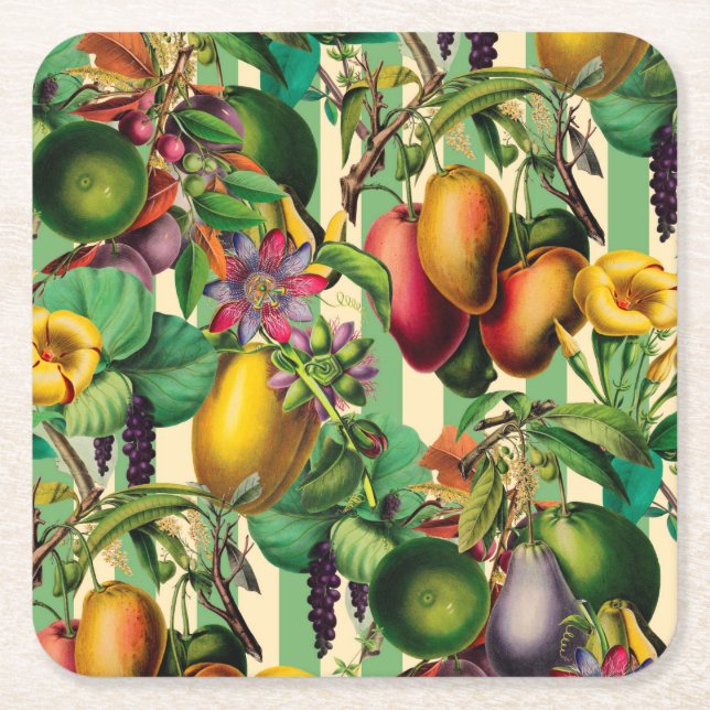 Green Fruit and Flower Garden Retro Style Square Paper Coaster (Front)