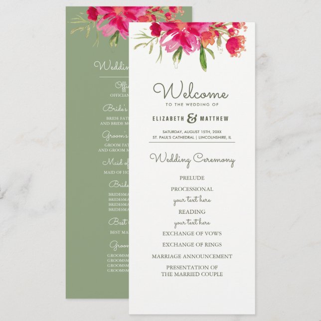 Green | Fuchsia Floral Watercolor Wedding Programs (Front/Back)
