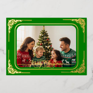 Green Full photo Gold framed Christmas  Foil Holiday Card