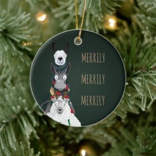 Green Fun "Merrily Merrily Merrily" Winter Animals Ceramic Ornament
