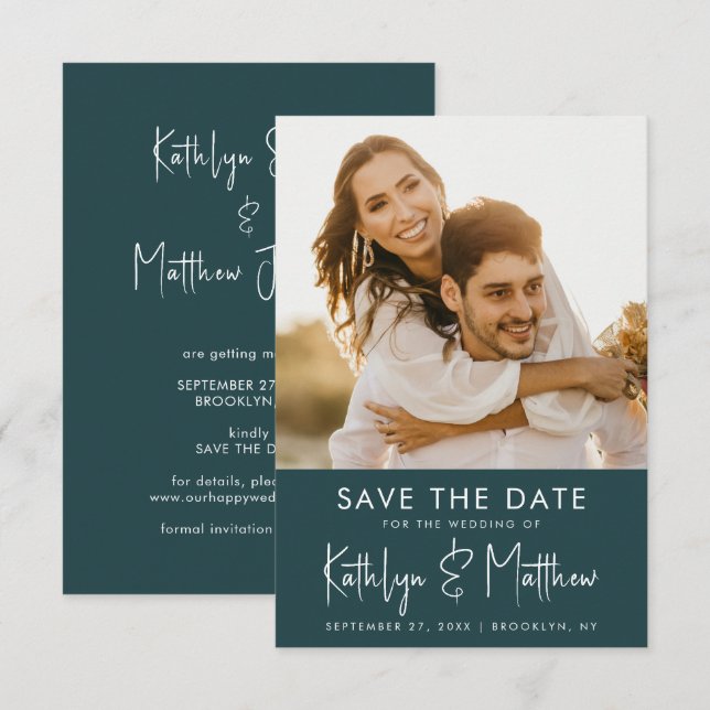 Green Fun Script Modern Photo Minimalist Wedding Save The Date (Front/Back)