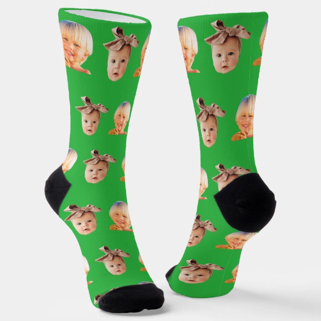 Green Funny Custom 2 Face Photo Dad Socks (Angled)