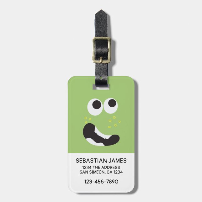 Green Funny Face Personalized Luggage Tag (Front Vertical)