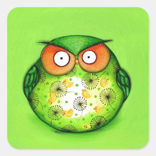 Green Funny Owl Square Sticker (Front)