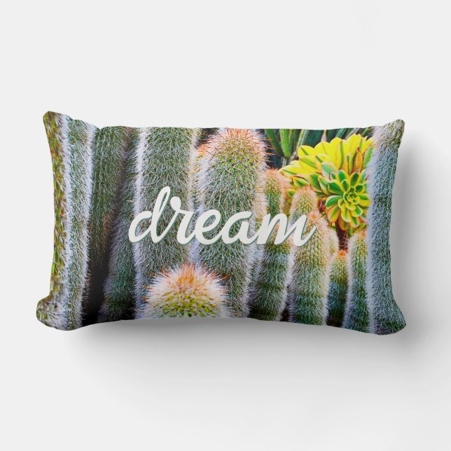Green Fuzzy Cacti Photo Dream Quote Script Bold Lumbar Pillow (Front)