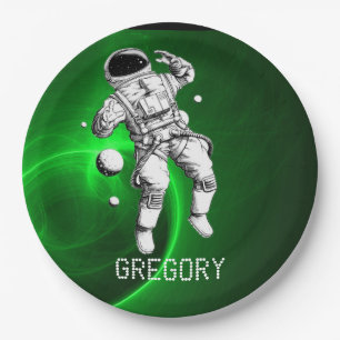 Green Galaxy Astronaut Personalized Paper Plate