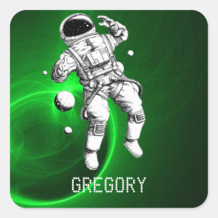 Green Galaxy Astronaut Personalized Square Sticker