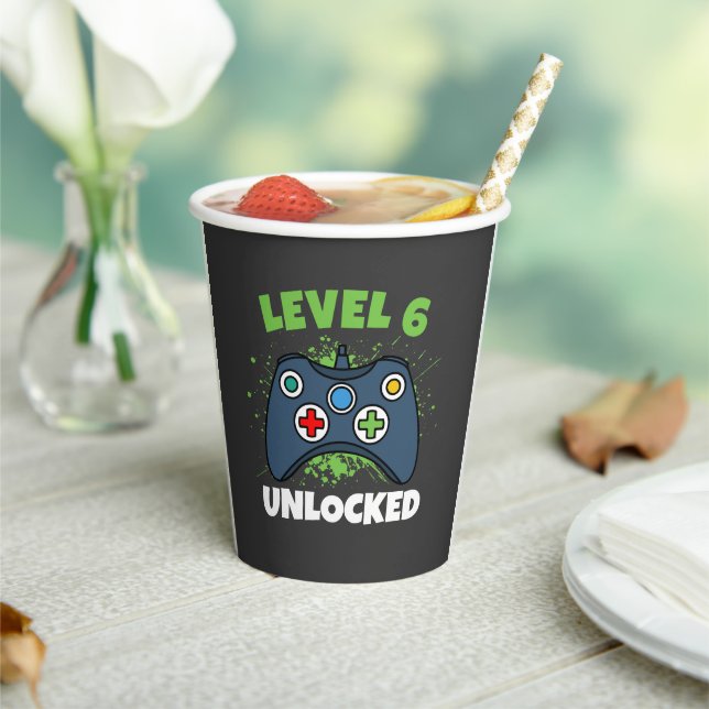 Green Game Controller Level 6 Unlocked Birthday Paper Cups (Insitu)