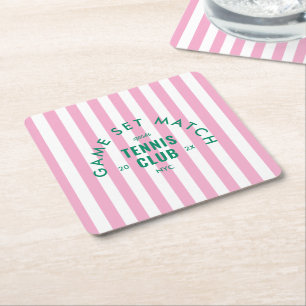 Green Game Set Match Après Tennis Club Pink Stripe Square Paper Coaster