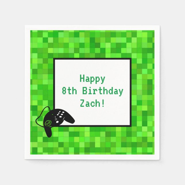 Green Gamer Pixels | Custom Birthday Party Napkin (Front)