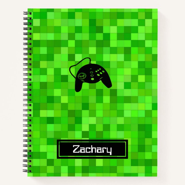 Green Gamer Pixels | Personalized Spiral Notebook (Front)