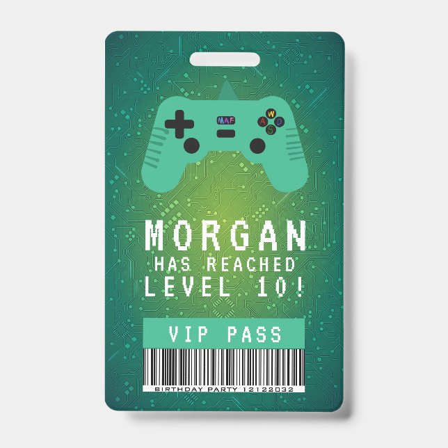 Green Gamer VIP Pass Birthday Invitation Badge (Front)