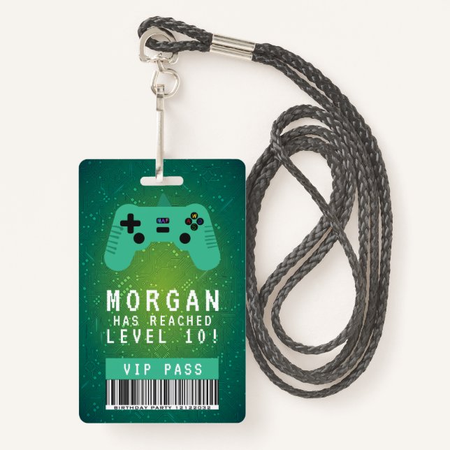 Green Gamer VIP Pass Birthday Invitation Badge (Front with Lanyard)