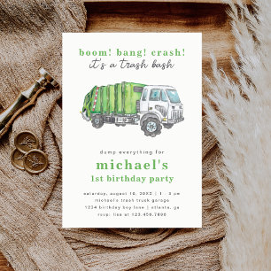 Green Garbage Trash Truck Boy's 1st Birthday Party Invitation