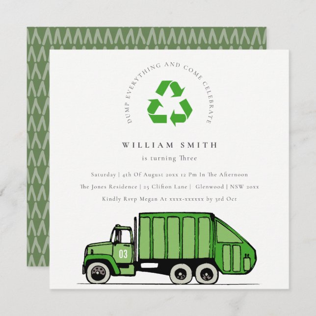 Green Garbage Truck Kids Any Age Birthday Invite (Front/Back)