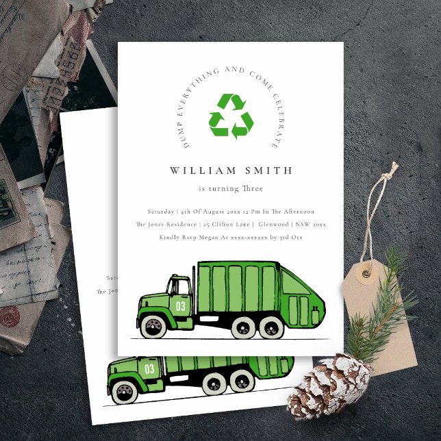 Green Garbage Truck Kids Any Age Birthday Invite (Creator Uploaded)