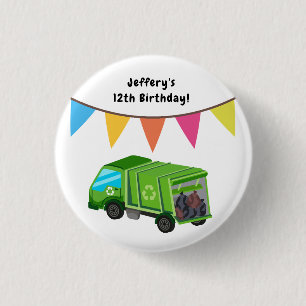 Green Garbage Truck - Kid's Birthday 1 Inch Round Button
