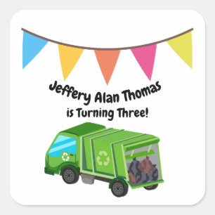 Green Garbage Truck Kid's Party Square Sticker