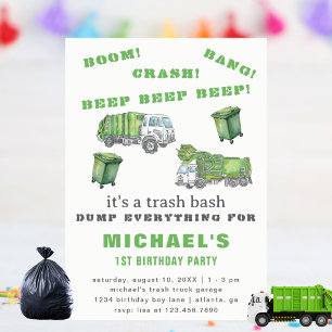 Green Garbage Truck Trash Bash 1st Birthday Party Invitation