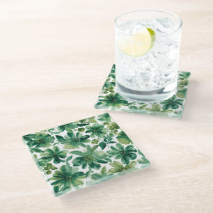 Green Garden Floral Botanical Watercolor Painting Glass Coaster