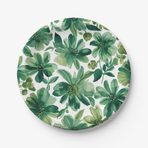 Green Garden Floral Botanical Watercolor Painting Paper Plate