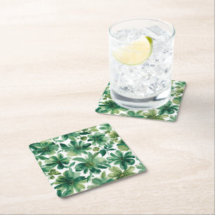 Green Garden Floral Botanical Watercolor Painting Square Paper Coaster