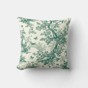 Green Garden Flowering Tree Toile de Jouy Throw Pillow