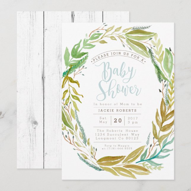 Green Garden | Watercolor Baby Shower Invite (Front/Back)
