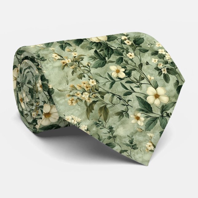Green Garden Wildflower Blooms Personalize Wedding Tie (Rolled)