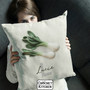 Green Gardener Minimalist Crochet Leeks Name  Throw Pillow