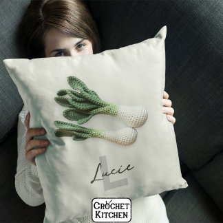 Green Gardener Minimalist Crochet Leeks Name Throw Pillow